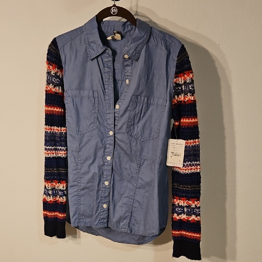 Free People Chambray Button Shirt with Striped Knit Sleeves - Blue & Multi Sz SP